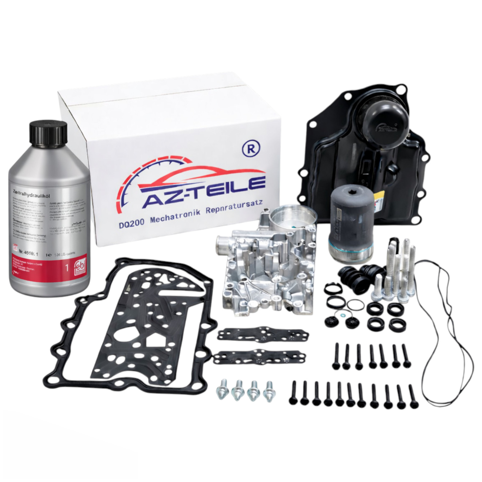 AZ-Teile® Mechatronik-Reparatursatz mit Druckspeicher, Alu-Gehäuse und Öl DSG 7-Gang DQ200 passend für VW Audi Seat Skoda