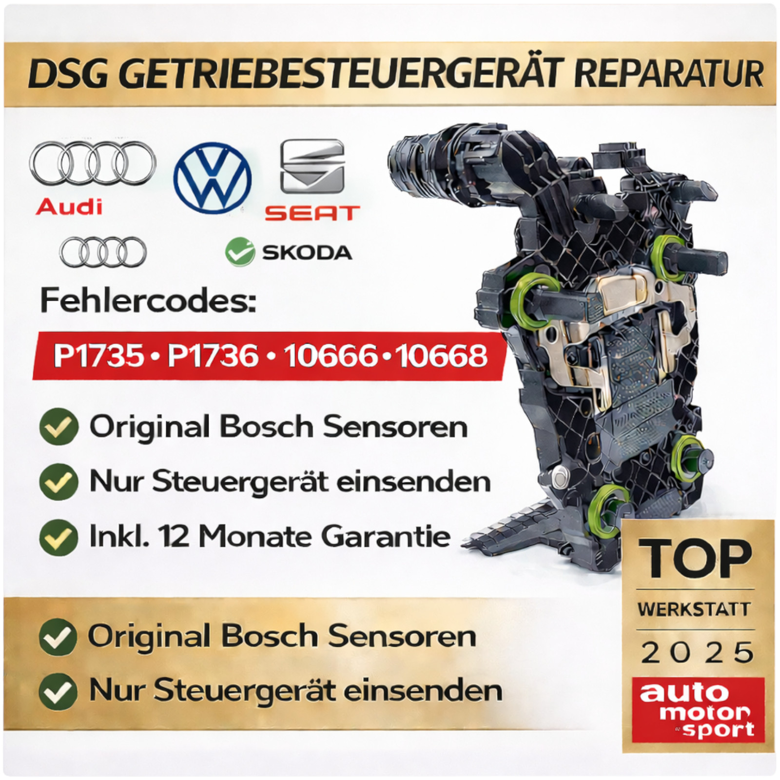 DSG-Steurgerät Reparatur folgender Fehlercodes: P1735 P1736 -10666 -10668