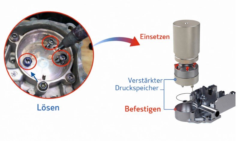 DQ200 Druckspeicher wechseln: drei Torx-Schrauben lösen, Adapterhülse befestigen, neuen Druckspeicher einsetzen