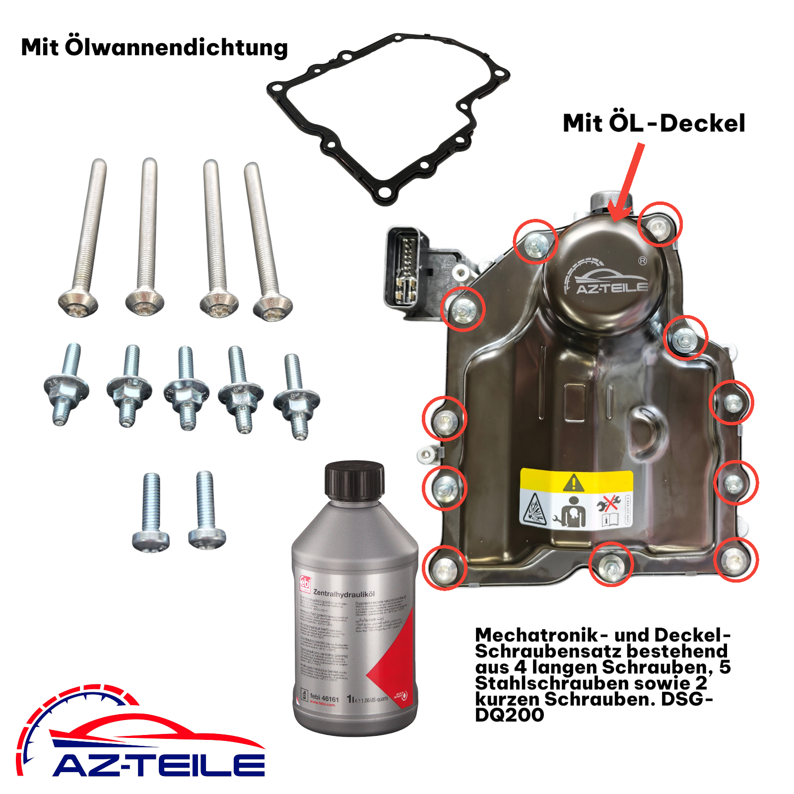 AZ-Teile® Komplettlösung mit Febi DSG Öl, Deckel, Dichtung und Schrauben für DSG DQ200